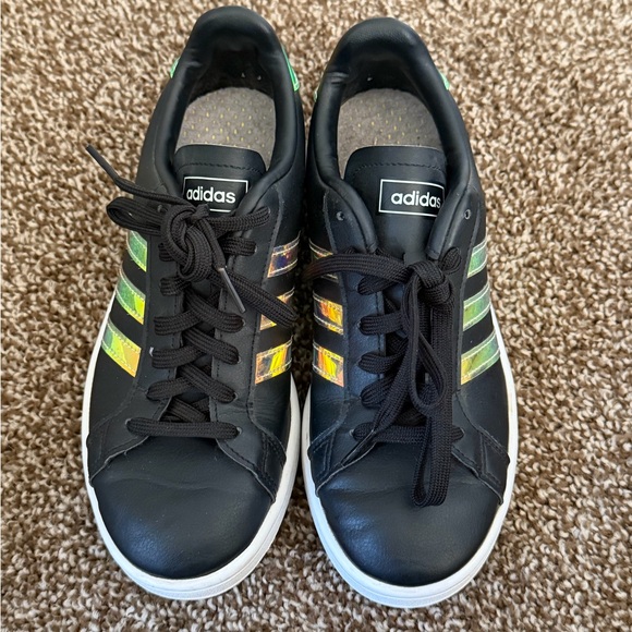adidas Shoes - adidas Black Sneakers with Iridescent Stripes
